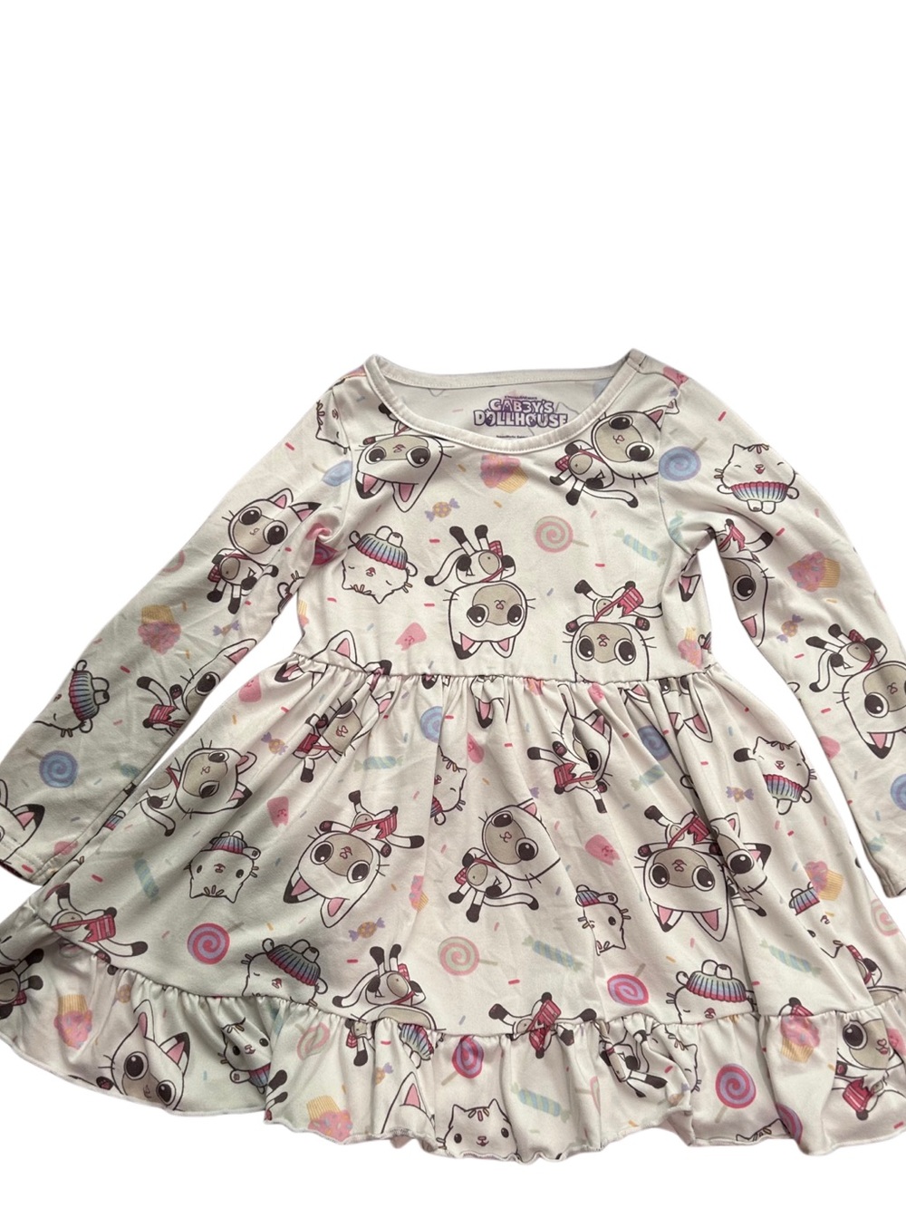 Gabby's Dollhouse Pandy Paws Long Sleeve Ruffle Dress Size 4T Pink White